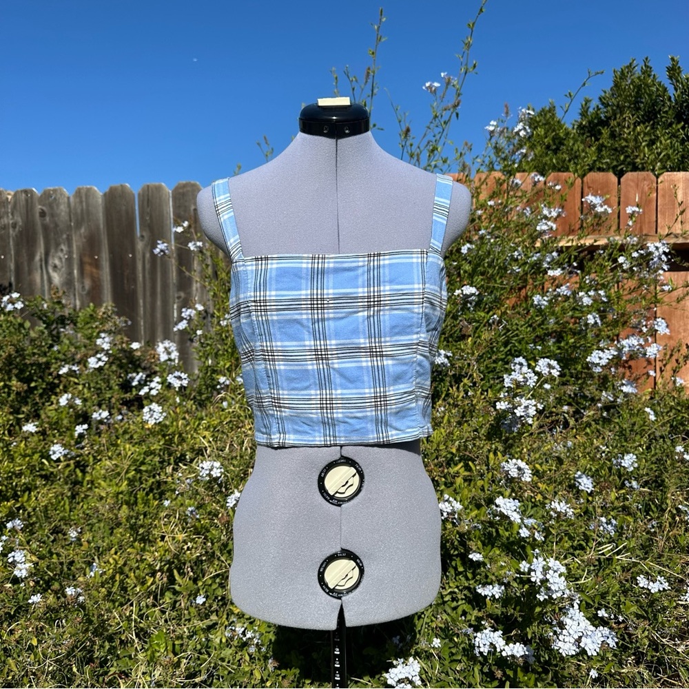 Blue, Black and White Plaid Grid Papaya Size Large Adjustable Buckle Crop Top